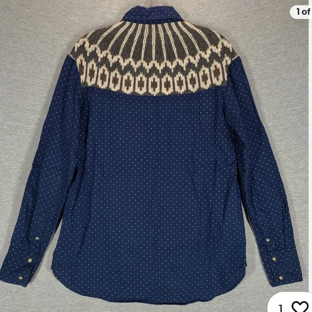 Free People Blue Polka Dot Wool Blend Buttoned Down Sweater Knit Inset Shirt.SzL - Picture 4 of 9